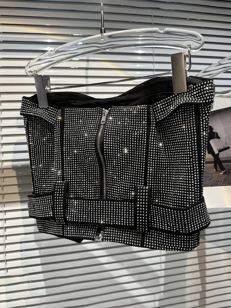 Summer Female Shiny Rhinestone Splice Sexy Strapless Women's High Waist Belt Designer Mini Short Skirts