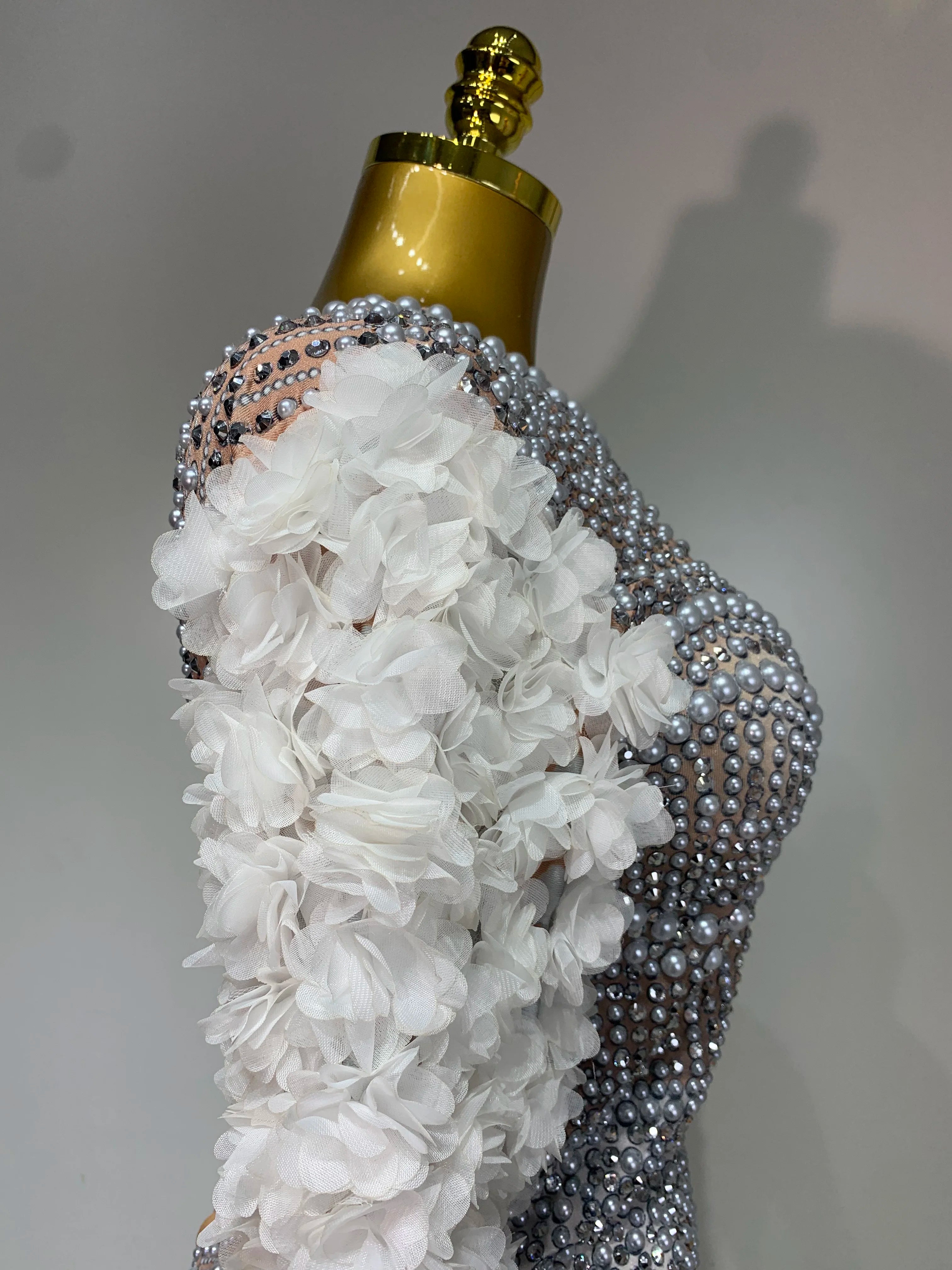 Sparkly Luxury Sheath Bodysuit Women Sexy Pearls Rhinestone Flowers Stage Singer Outfit Nightclub Performance Dance Costume