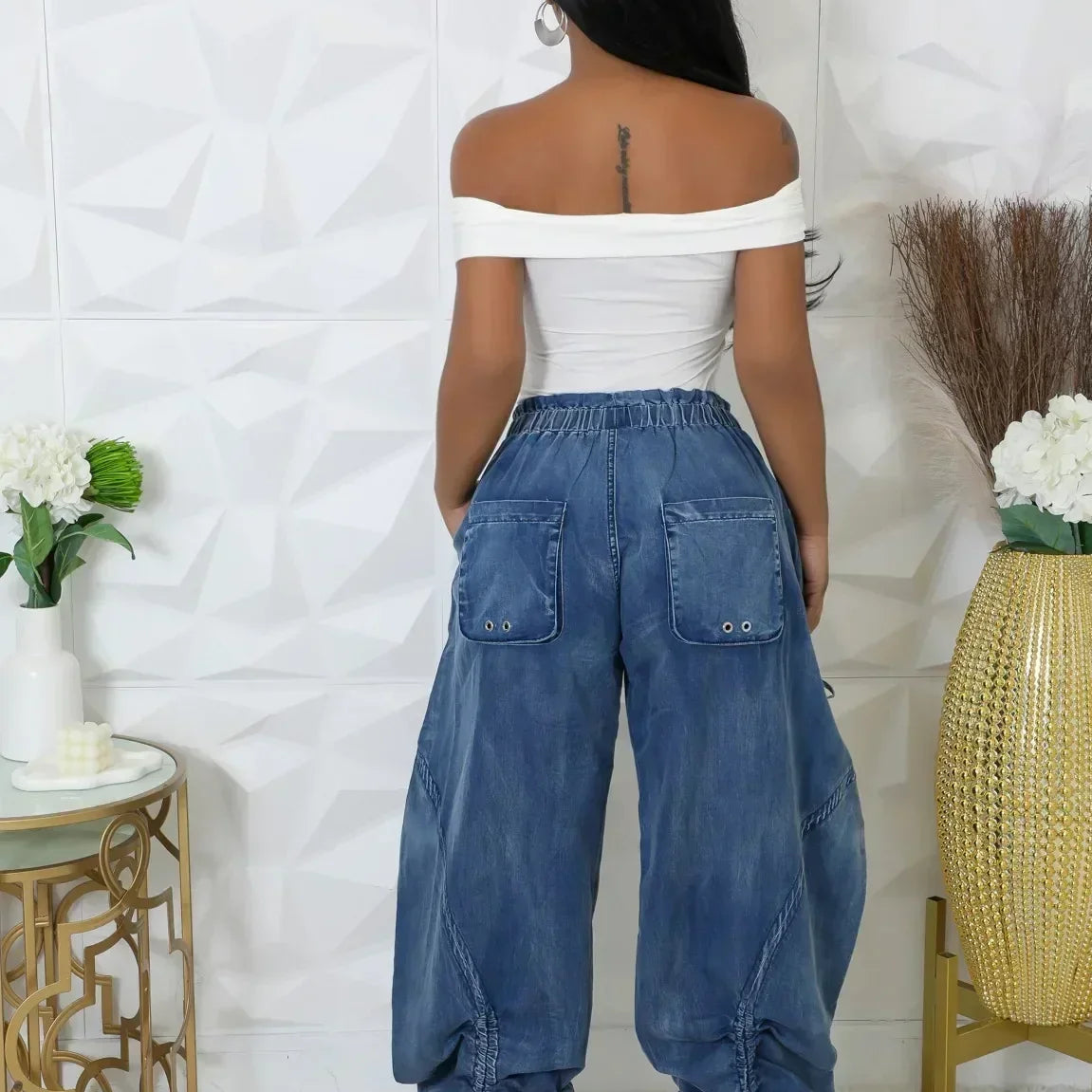 CM.YAYA Women Streetwear Drawstring Fashion Fly Denim Pants 2024 Autumn Loose Safari Style Cargo Harem Hip Hop Jeans