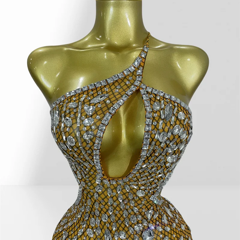 Sparkling Diamonds Sexy Hollow Out Blackless Mesh See Through Mini Dress Fashion Woman Evening Party Dress Birthday Party Outfit