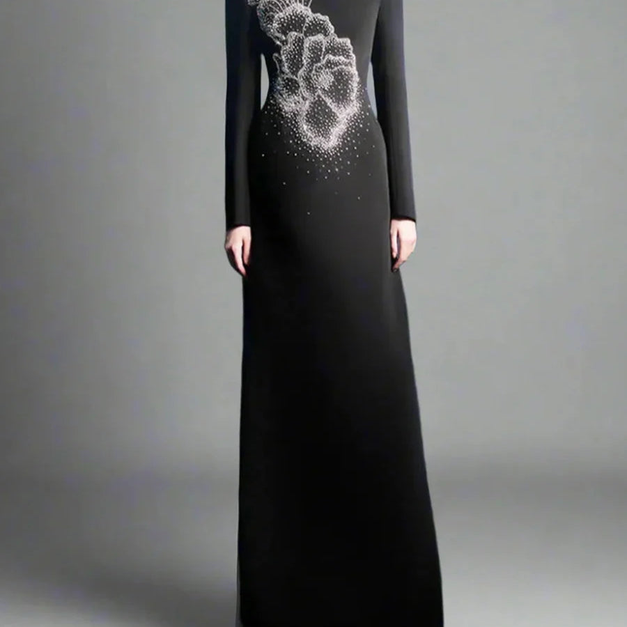 TWOTWINSTYLE Solid Spliced Stick Drill Elegant Dresses for Women Round Neck Long Sleeves Temperamnet Dress Female Fashion New