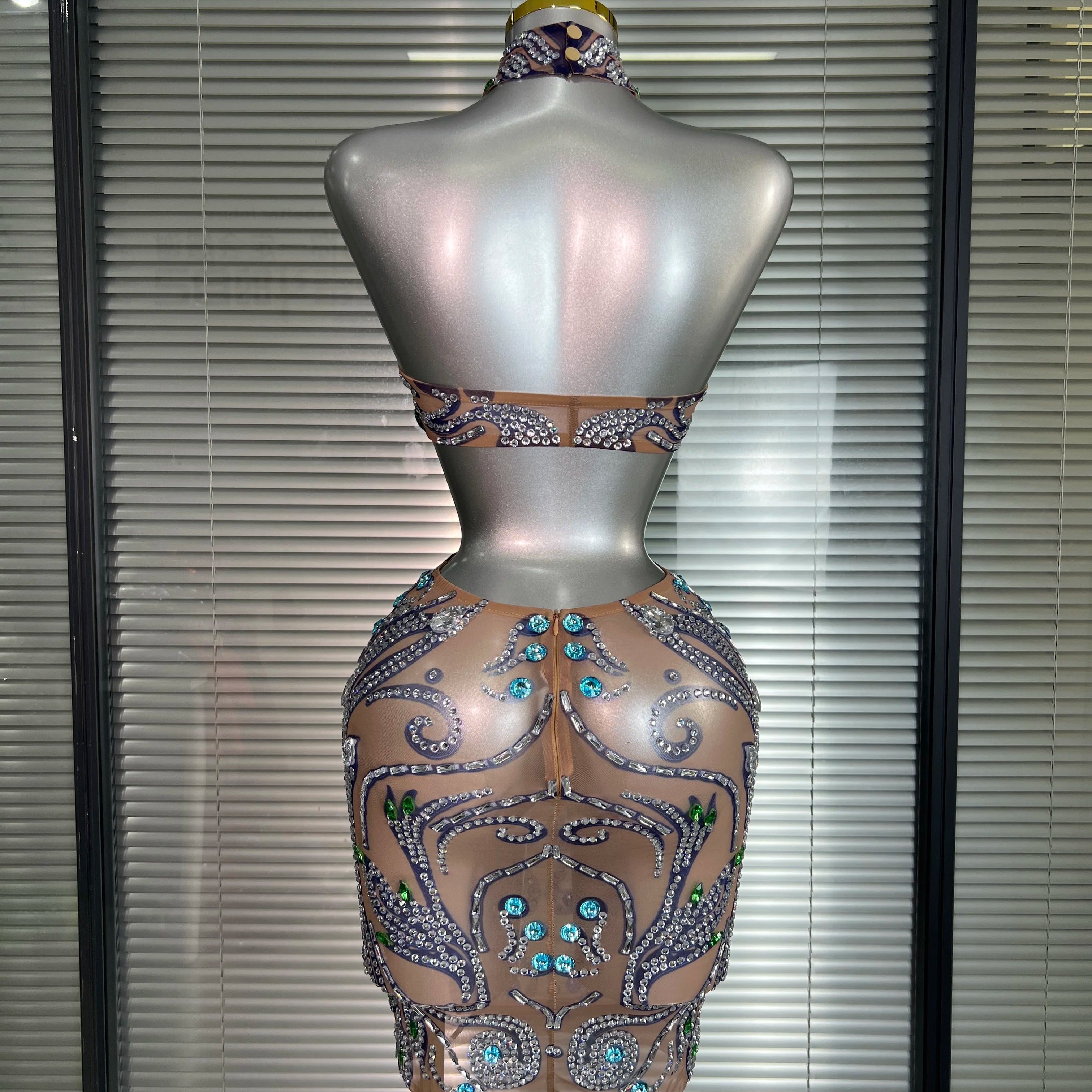 Celebrity New Women Sexy Print Mesh Sheer Crystal Rhinestones Stage Costume Stage Dancer Night Club Mini Party Dress