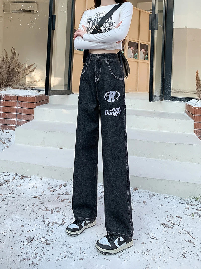 Autumn Winter New High Waist Jeans Woman American Retro Straight Tube Jeans Pants Women Letter Print Baggy Pants Ladies