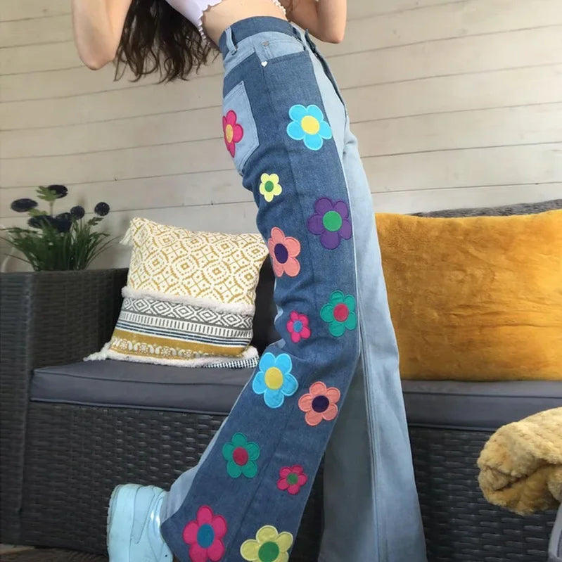 Women's Color Block Side Printed High Waist Bootcut Embroidered Trousers European and American Style Women's Pants Fashion Jeans