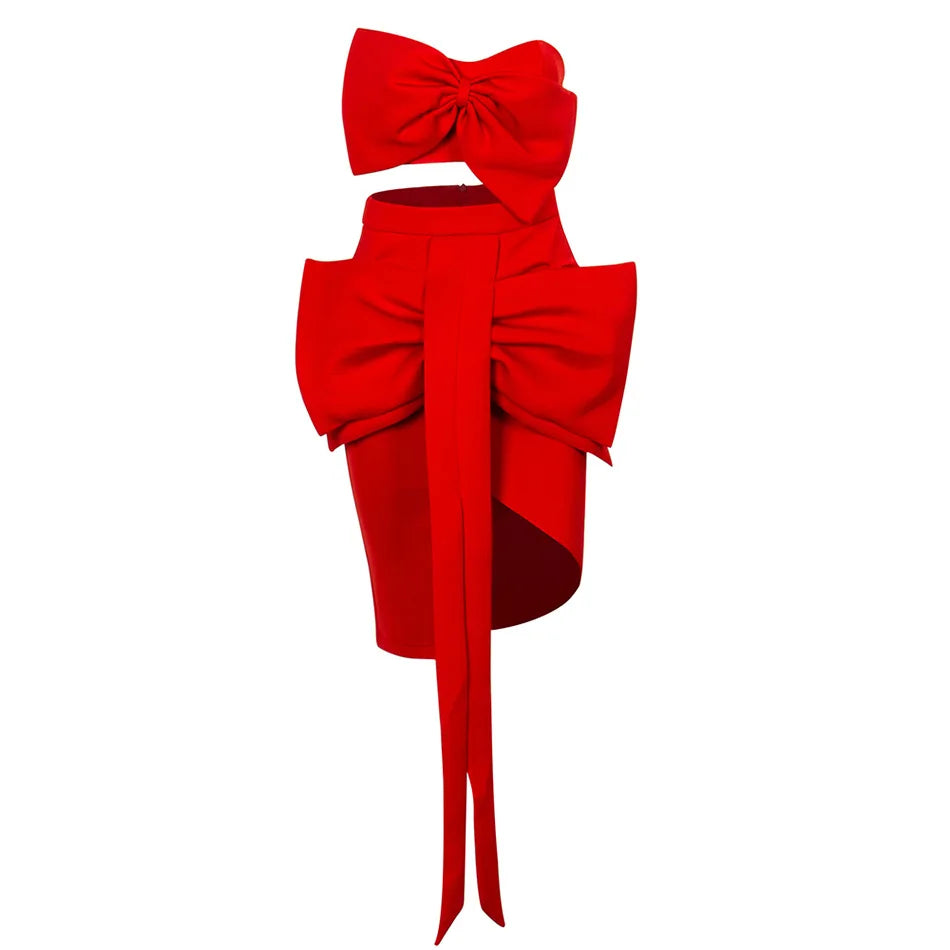 Sweet Bow Expose Wasit Woman Set Short Top And Bodycon Skirt 2 pieces Celebrate Birthday Party Vestido Summer Holiday Outfit