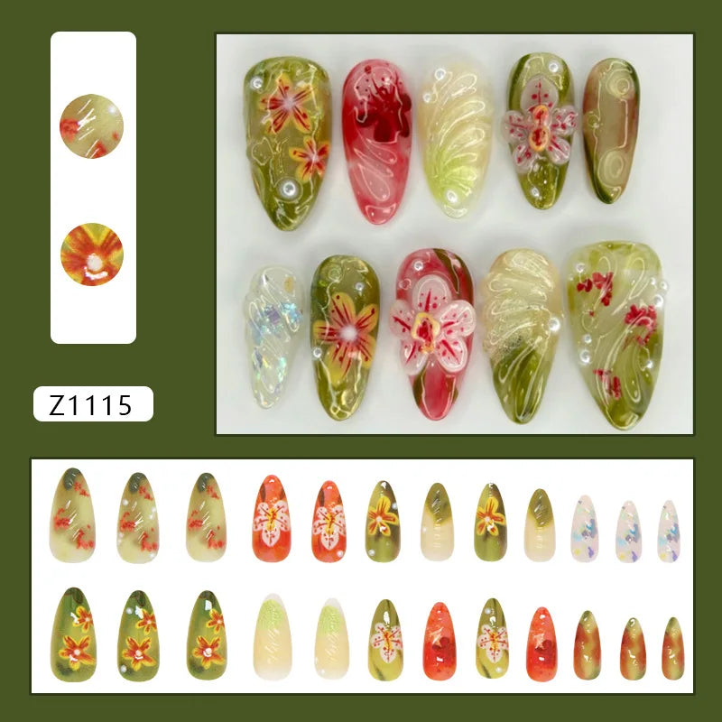 24pcs Flower Print Press on Nails Retro Color Blush Almond Fake Nail Tips Detachable Wearable Sweet Cool Spice Girl False Nails
