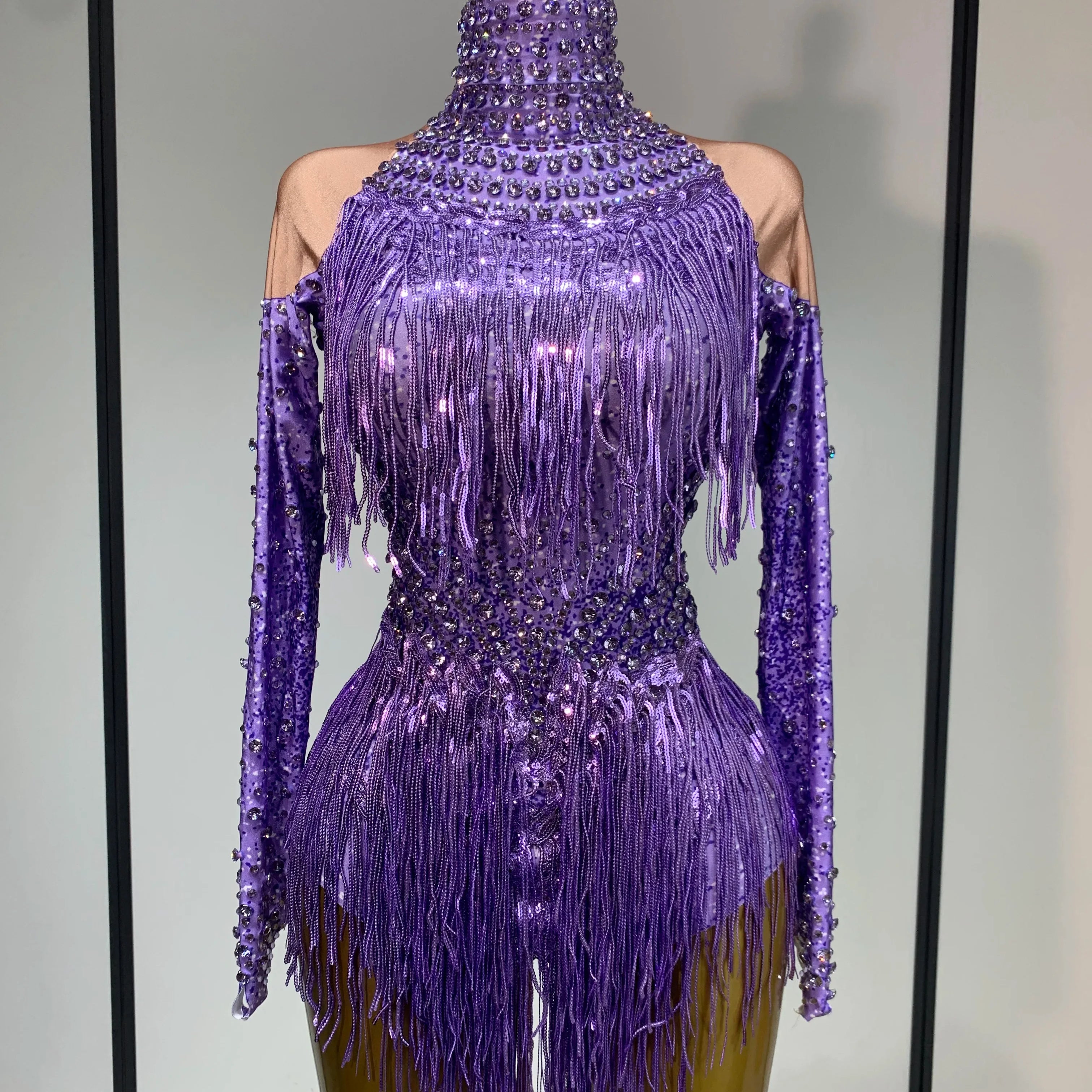Women Sexy Purple Red Stretchy Long Sleeve Bodysuit Nightclub Singer Dancer Tassel Stage Costume Evening Party Birthday Outfit