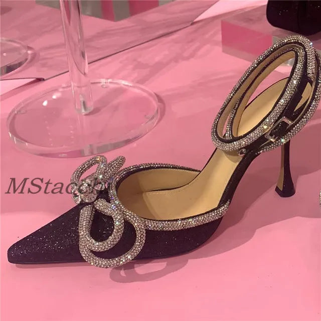 Glitter Rhinestones Women Pumps Crystal Bowknot Satin Sandals 2025 Summer Transparent Shoes High Heels Party Prom Designer Shoes