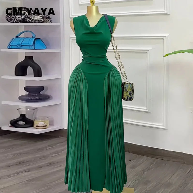 CM.YAYA 2025 Summer Elegant Sleeveless Sweet V-Neck Floor-Length Long Women Dress Beach Party Evening Sexy Pleated Dresses