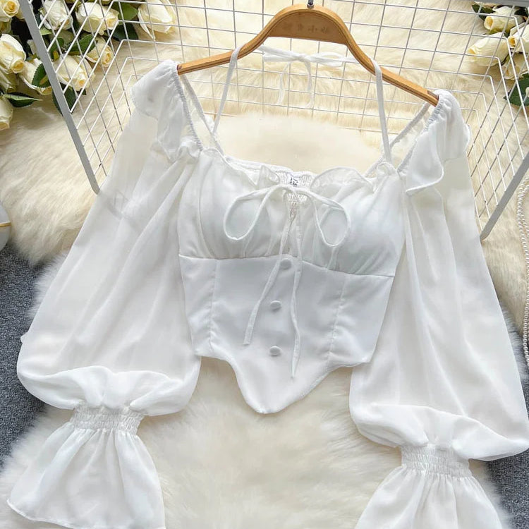 Flare Sleeve Women Tops Ruffle Solid Elastic Waist Halter Backless Chiffon Slim Ladies Harajuku Sexy Short Blouse