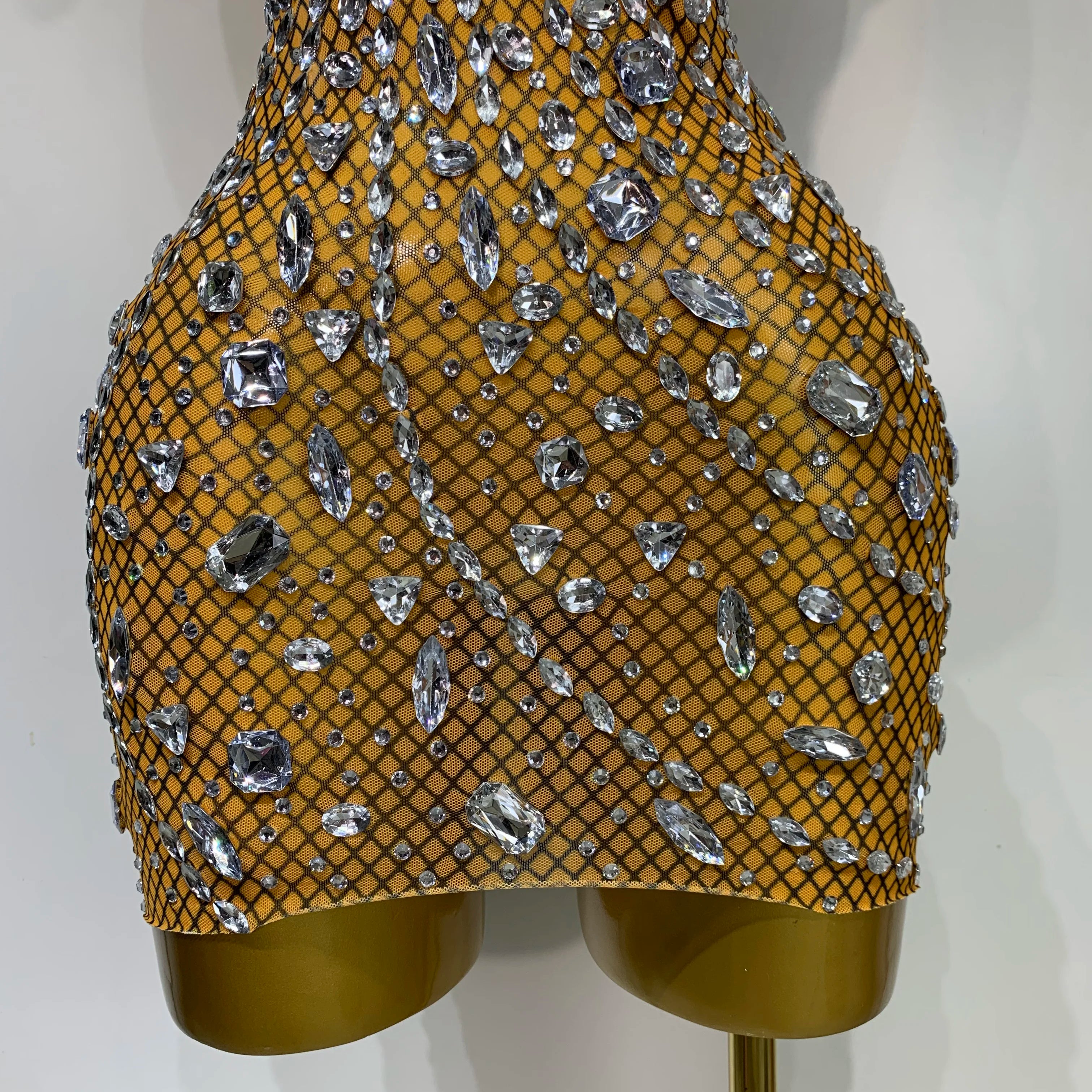 Sparkly Rhinestones Backless Mini Dress Women Sexy Mesh Transparent Celebrate Evening Birthday Dress Photo Shoot Stage Wear