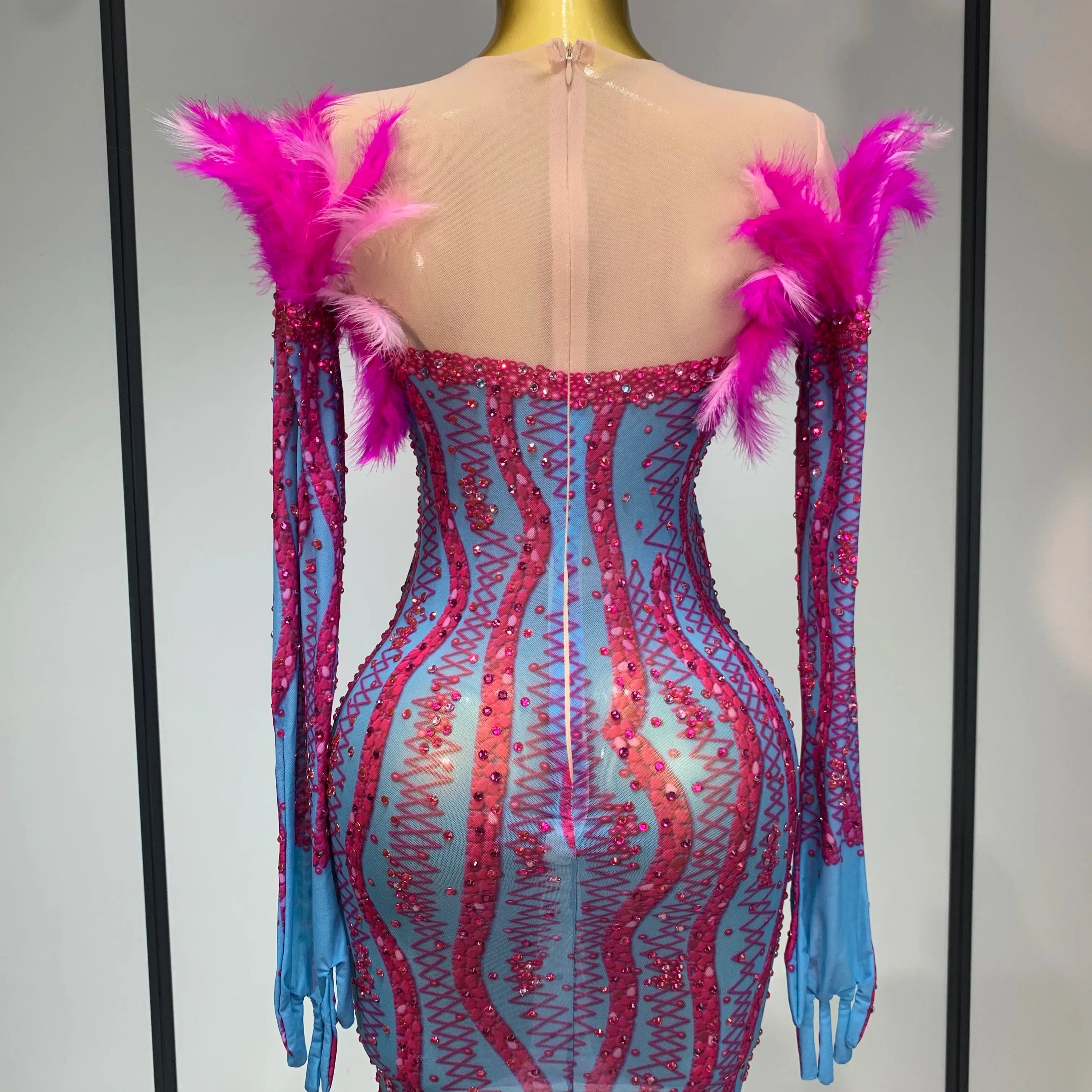 Women Sexy Mesh See Through Diamond Feather Dress  Elegant Evening Party Luxury Birthday Nightclub Performance Stage Costume