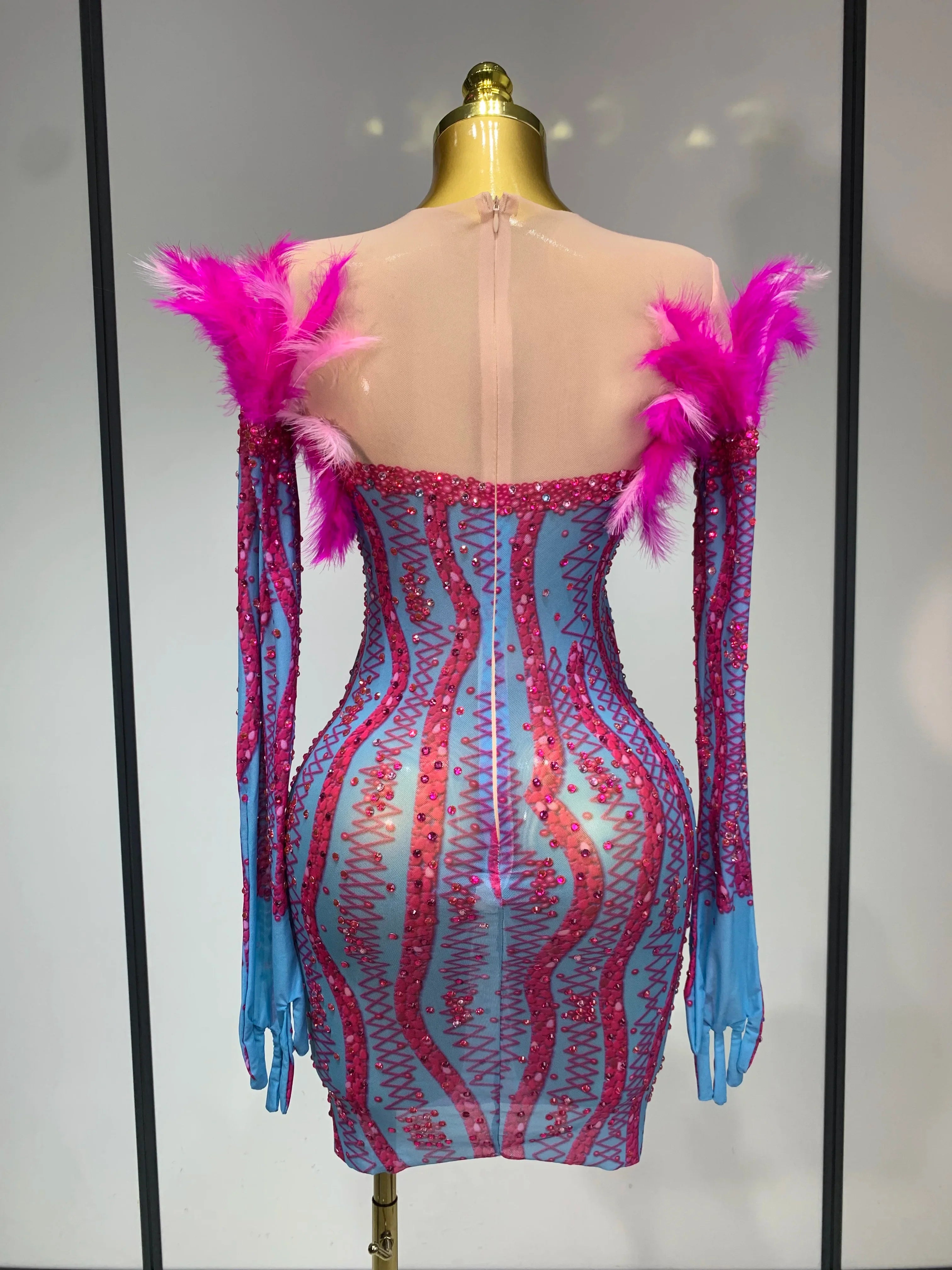 Women Sexy Mesh See Through Diamond Feather Dress  Elegant Evening Party Luxury Birthday Nightclub Performance Stage Costume