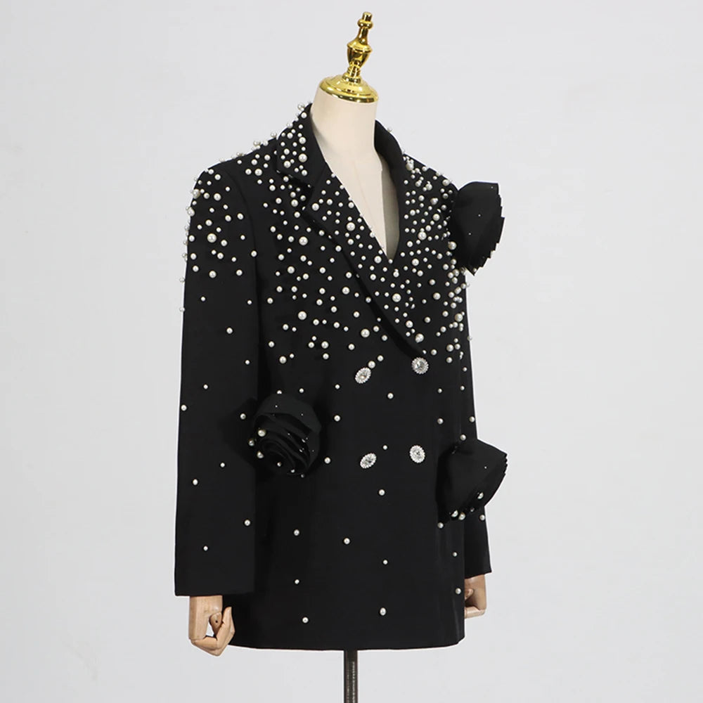 TWOTWINSTYLE Solid Loose Spliced Appliques Elegant Jackets for Women Lapel Long Sleeves Patchwork Bead Luxurious Jacket Female