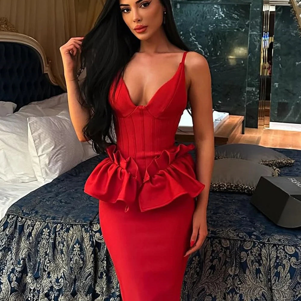 Sexy Women Long Bandage Dress Ruffle Sleeveless Slim Solid Summer Party Fishbone Maxi Dress Clubwear Female Vestido Outfits