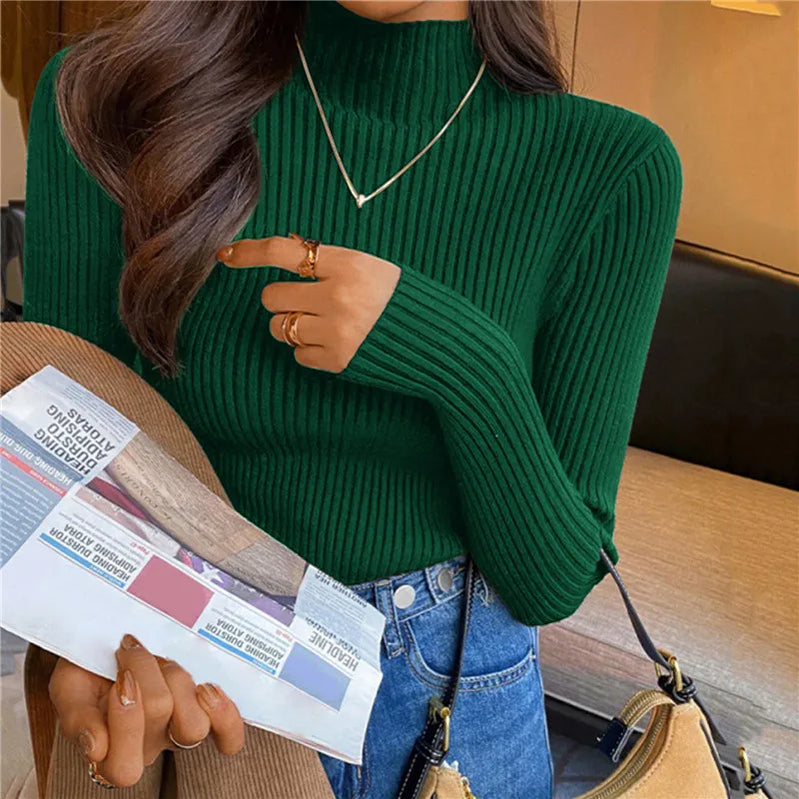 Winter Turtleneck Women's Sweater Knitted Pullover Soft Slim Long Sleeve Top Solid Color Basic High Neck Jumper Woman Clothing C-half neck-green One Size(40-65kg)