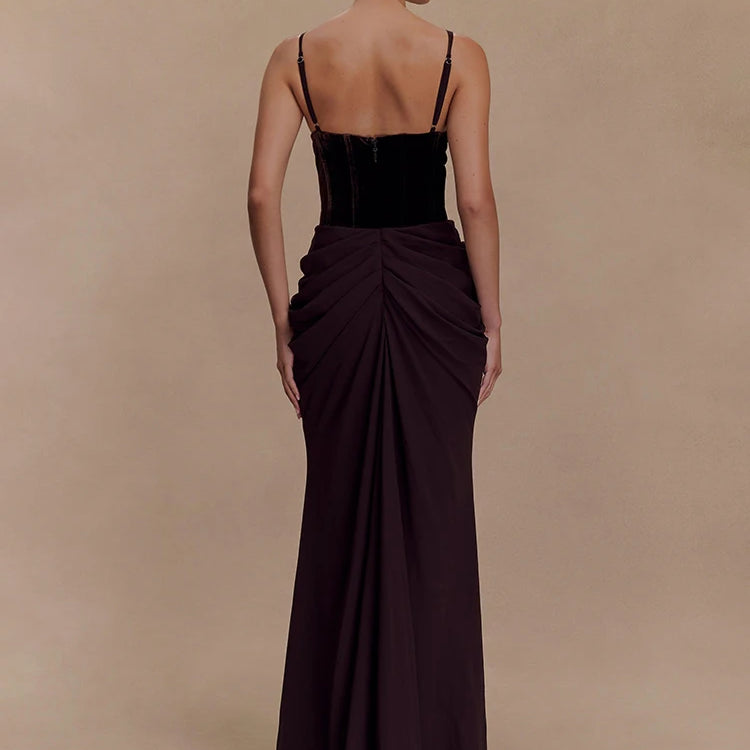 VC Chic Sleeveless Maxi Dress with Velvet Bodice and Chiffon Drape for Upscale Receptions Evening Gown