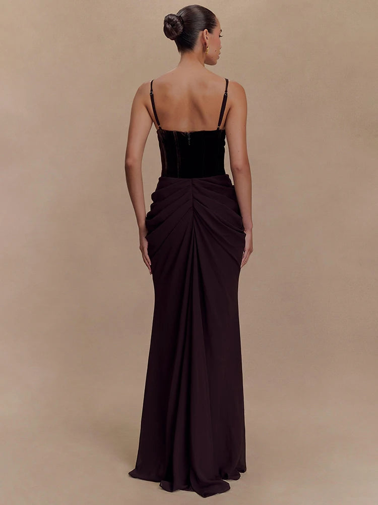 VC Chic Sleeveless Maxi Dress with Velvet Bodice and Chiffon Drape for Upscale Receptions Evening Gown