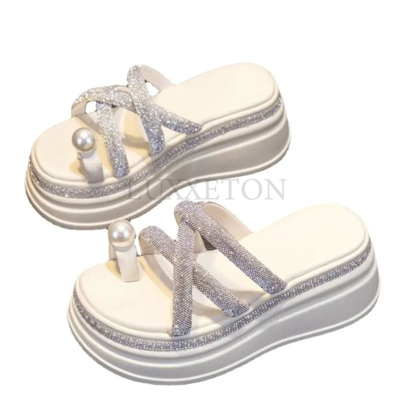 Trend Women Mid Heels Shoes Platform Open Toe Slippers Summer Fad Sandals Dress Beach Flip Flops Women Crystal Slides