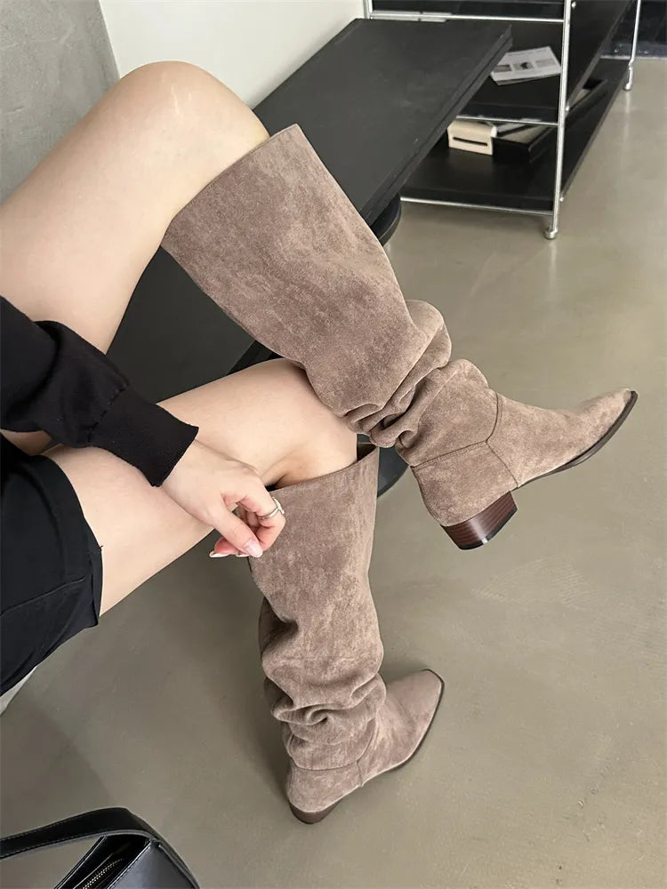 Low Heel Pleated Boots Autumn Winter New Square Head Knee Length Long Boots Suede Women's Shoes Black Beige Green Gray