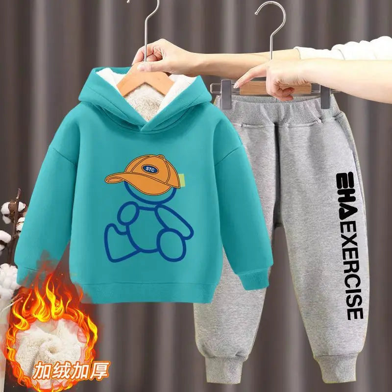 Boys Girls Clothes Hoodies Trousers Sets New Kids Cartoon Autumn Winter Long Sleeve Fleece Warm Sweatshirts Outfits 2Pcs 2-12Y 2pcs Lake blue B