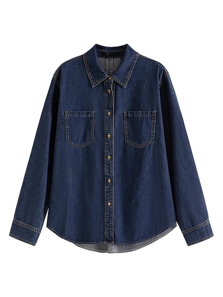 Deep Blue Soft Denim Shirt Women's Autumn Winter Long Sleeved Retro Casual Layered Shirt Blue Women Tops For Work