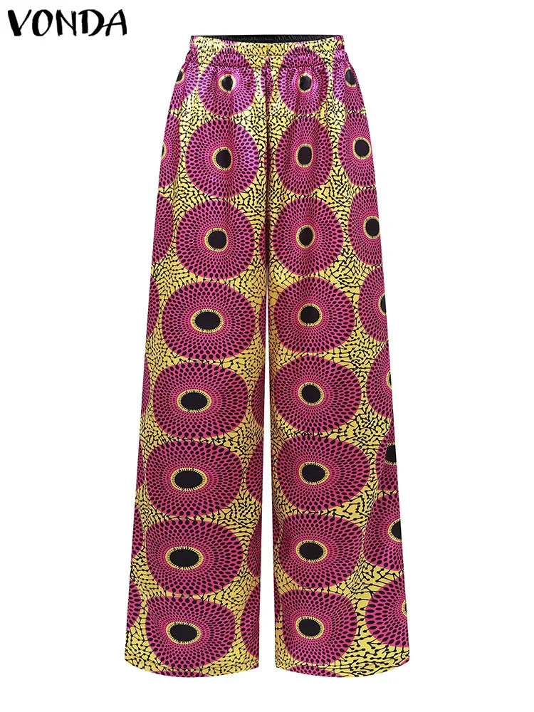 Plus Size 5XL VONDA Women Pants Sets Vintage 3/4 Sleeve Elastic Waist Tops+Trousers Casual Pleated Wide Leg Pants Elegant Suits