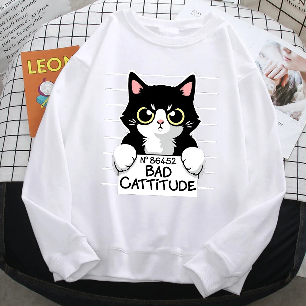 Autumn Winter Womens Pullover No86452 Bad Cattitude Funny Cat Print Hoodie Fleece All-Math Sweatshirts Warm Crewneck Ladies Tops White