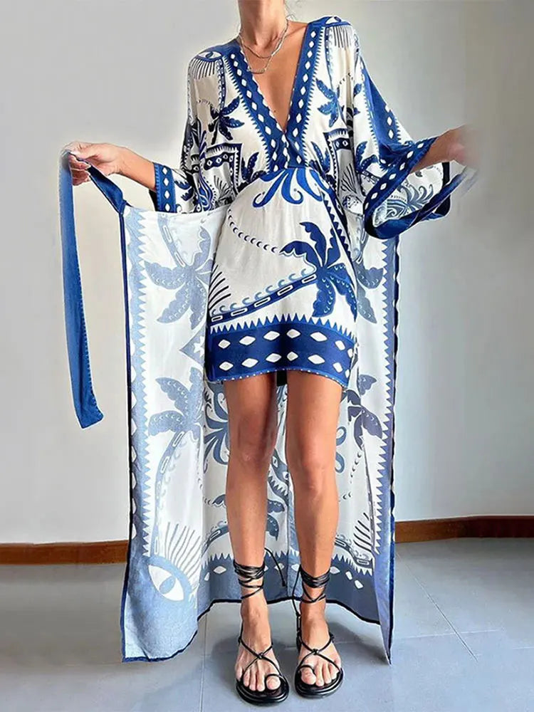 Vintage Bule Print Lace Up Midi Dress Women V Neck Half Sleeve High Waist Vestidos Spring Summer Casual Beach Robes Female