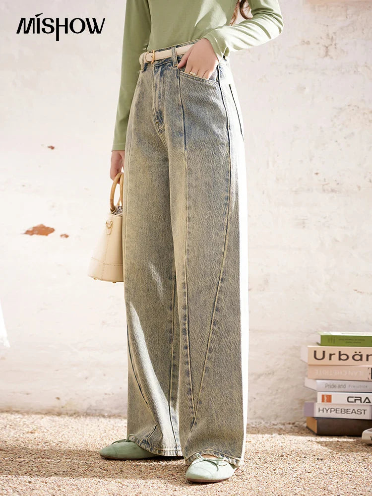 MISHOW Baggy Distressed Jeans for Women Wide Leg High Waist Loose Vintage Pants Spring Autumn Ladies Trousers MXD22K0562