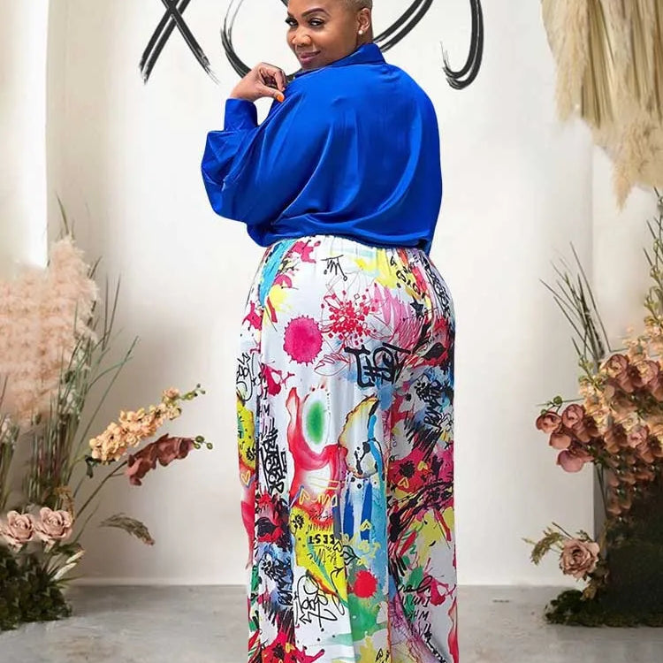 2piece Woman Outfit Streetwear Blue Silk Blouses Women Plus Size Autumn Top and Pants Suits 4xl Casual Female Pants Sets