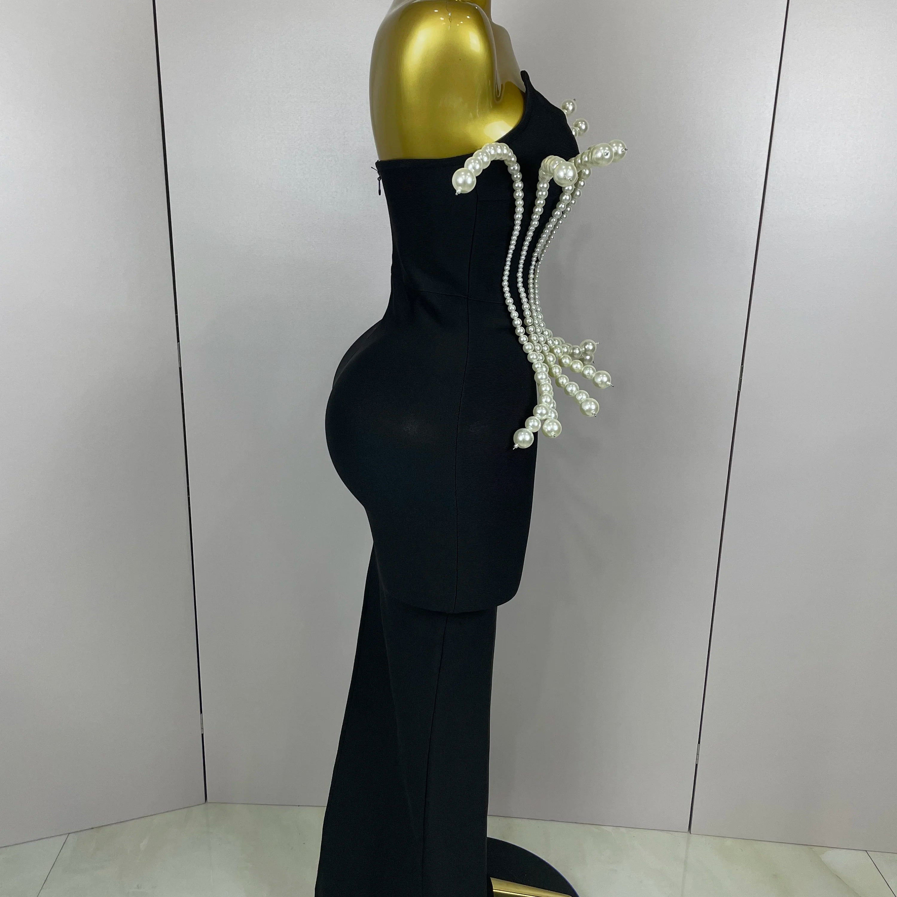 2025 New Sexy Strapless Pearl Beading Bodycon Long Bandage Dress  Women Fashion Elegant Evening Party Luxury Birthday Dresses