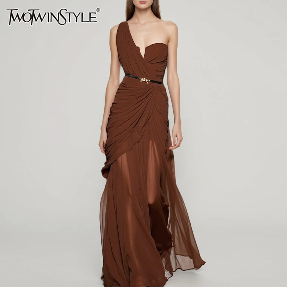 TWOTWINSTYLE Solid Slimming Sheer Dresses for Women Diagonal Collar Sleeveless Patchwork Folds Irregular Dress Female Clothing