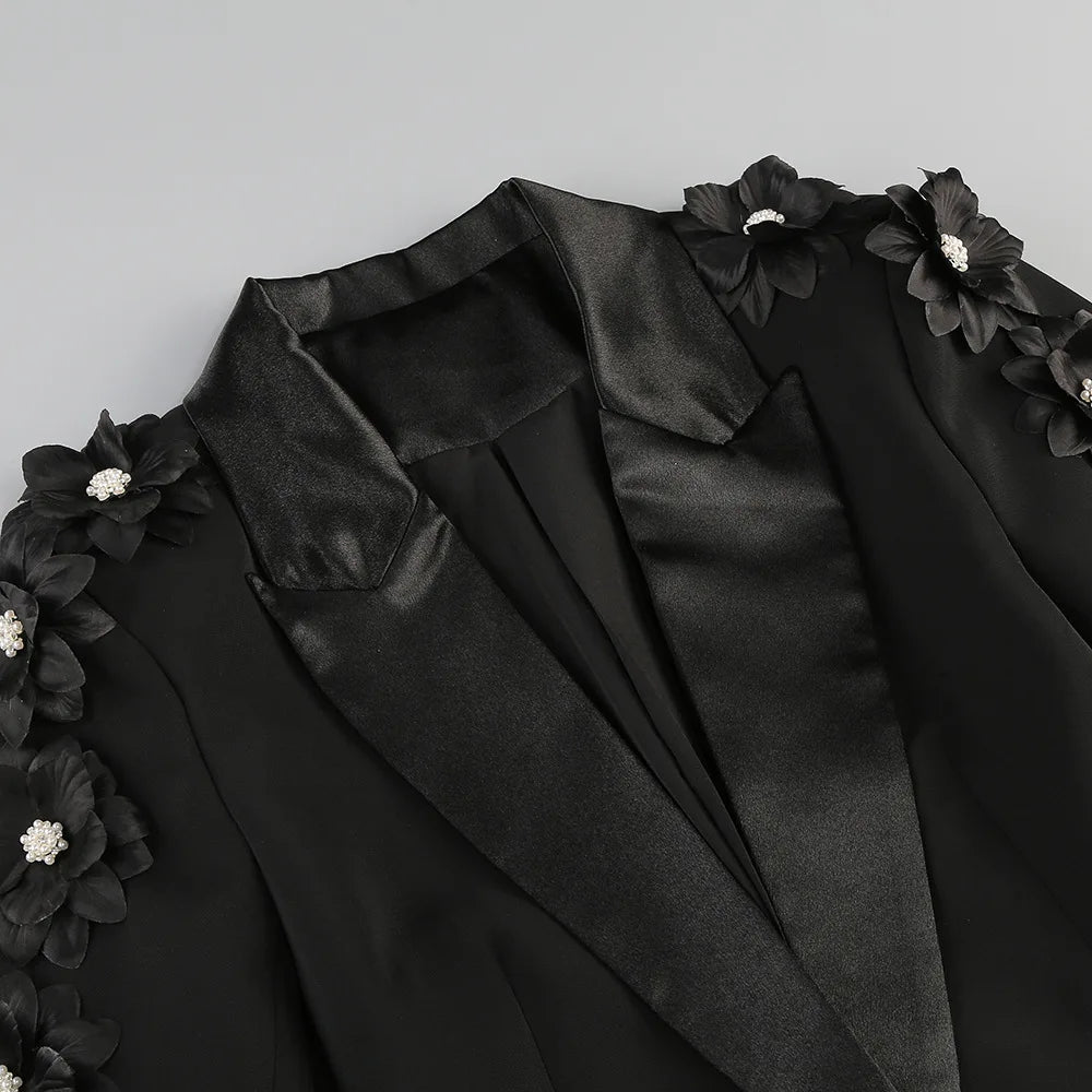 2024  Women Suit Pants Set with Collar, Long Sleeve, Three Dimensional Flower Decoration, Slim Fit Suit Coat+Two Piece Pants Set