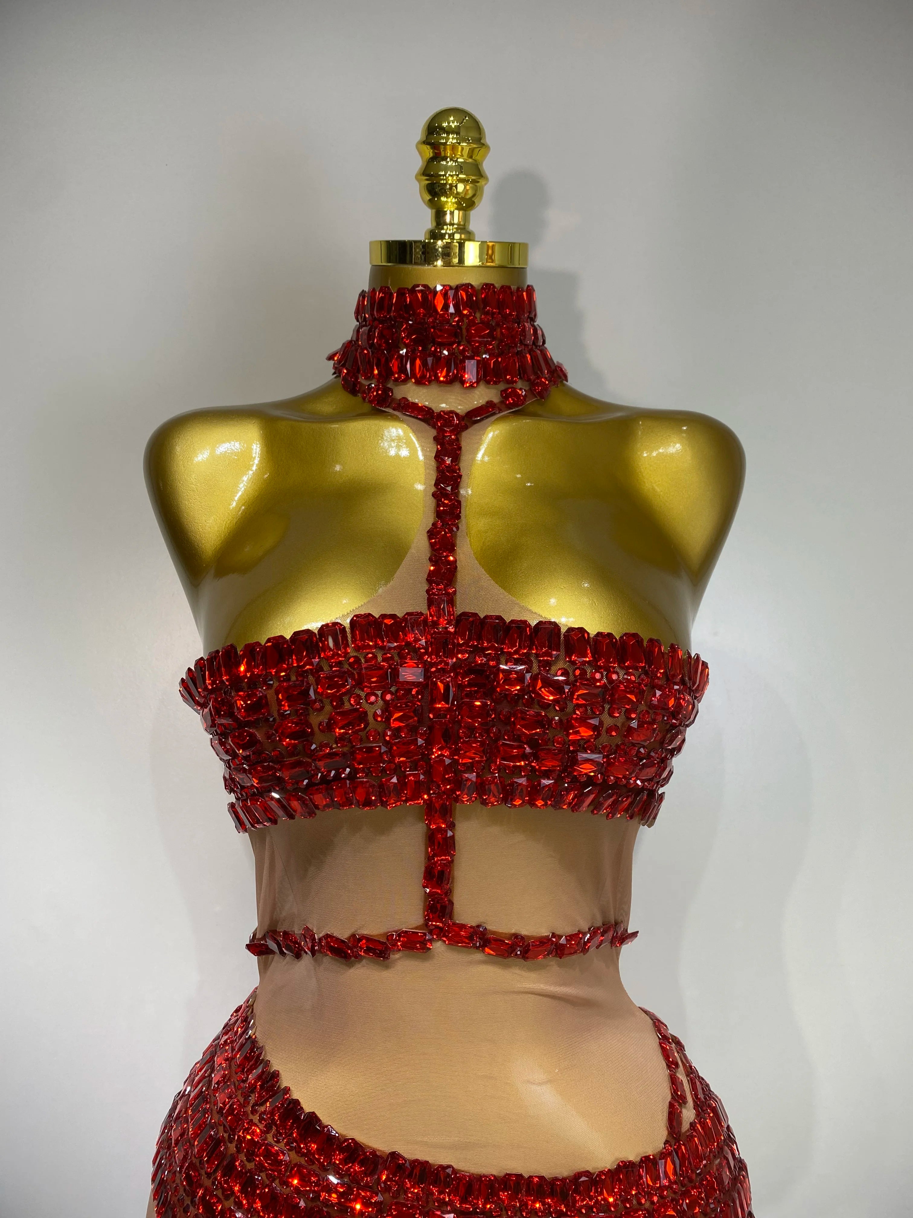 Sparkly Red Rhinestone Mini Dress Womer Sexy Mesh Birthday Wedding Party Prom Gowns Drag Queen Costume Singer Stage Outfit