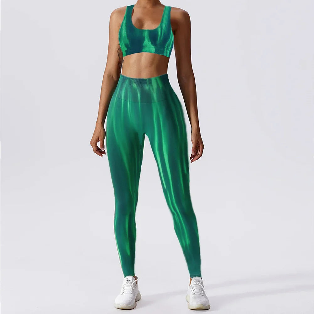 Fashion Aurora Print Seamless Gym Scrunch Shorts Set Push Up Women Sportswear Yoga Wear Training Suit for Fitness Sport Outfit