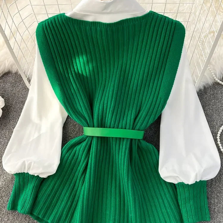 Loose White Shirt Long Sleeve Top Women's Belt Slit Knit Vest Korean Fashion Two Piece Set for Women Blouse Spring New