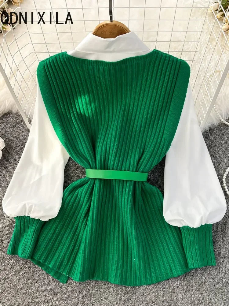 Loose White Shirt Long Sleeve Top Women's Belt Slit Knit Vest Korean Fashion Two Piece Set for Women Blouse Spring New