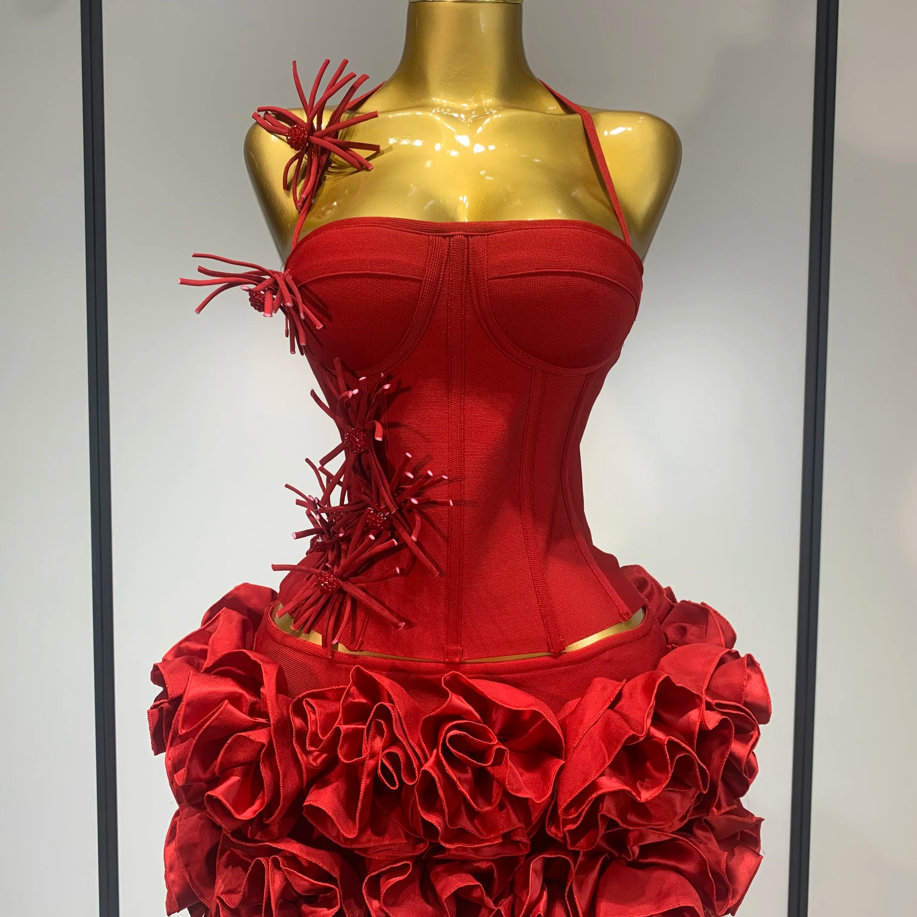 Women Fashion Sexy Halter Prom Gown Celebrity Club Two Piece Set Cocktail Elegant Luxury Birthday Party Red Black Bandage Outfit