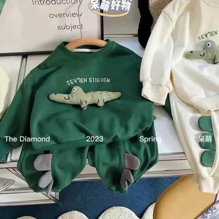90-130cm Children's Spring Autumn Winter Cotton Set Boys Girls Cartoon Two Piece Set Korean Sweater +Pant Baby Clothes Outfits green