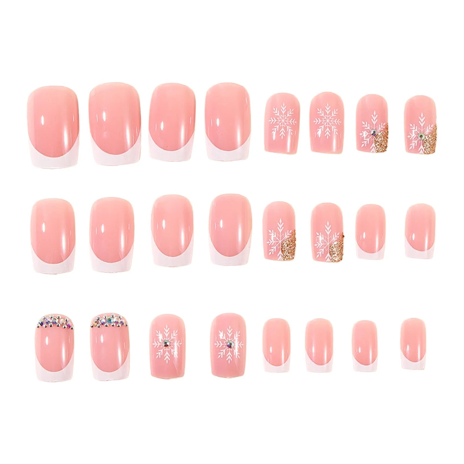 Nude Pink Fake Nails 24Pcs White French Press On Nails Snowflake Printed Women Girls Christmas Party Wearable False Nails Art