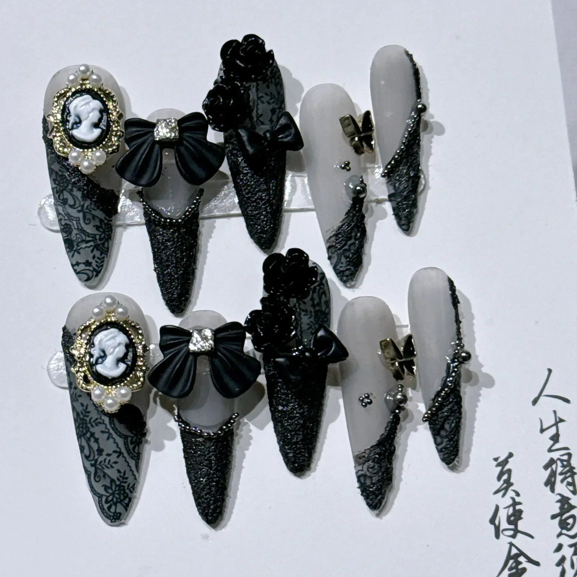 10Pcs Purple Flower Handmade Almond Press on Nails French Rhinestone Full Cover Fake Nail Ballet Manicure Wearable Nail Tips