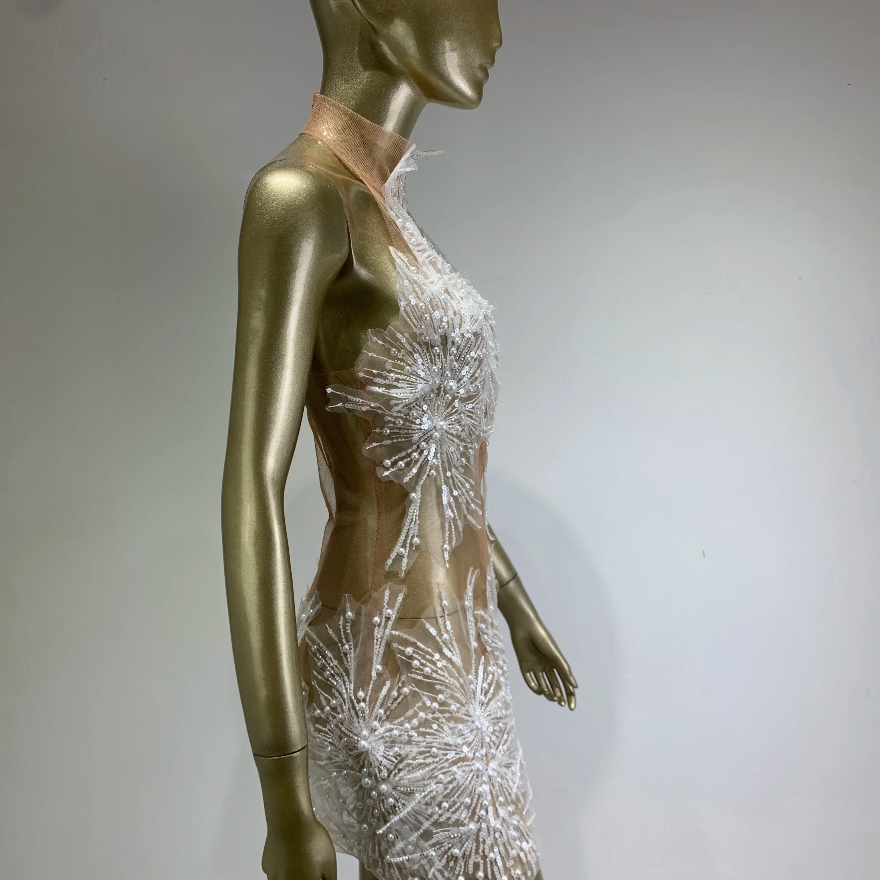 High Quality Women Sexy Off the Shoulder Mesh SeeThrough Bodycon Mini Dress Sequins Nightclub Party Celebrate Dress