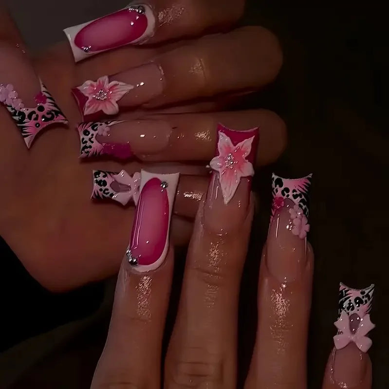 24Pcs Mid-length Square Head False Nails Leopard Print French Detachable Full Cover Nails Tips 3D Flower Bow Press on Fake Nails