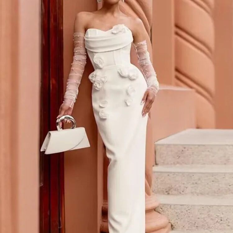 Women Celebrity Sexy Strapless Backless Flower White Maxi Long Bodycon Bandage Dress 2024 Elegant Evening Club Party Dress