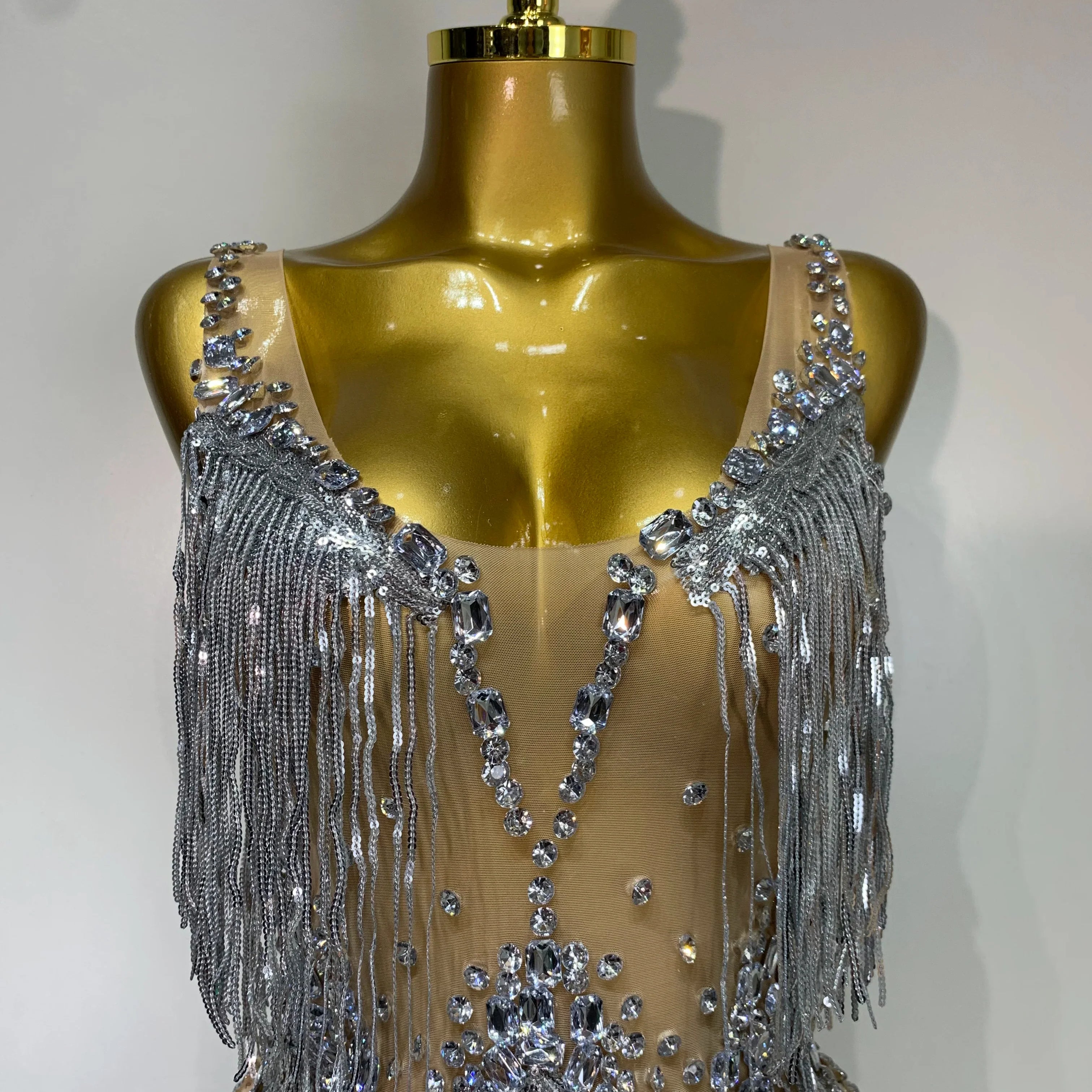 Sparkly Rhinestone Tassels Sexy Mesh See Through Dress  Women Evening Party Luxury Birthday Nightclub Perform Stage Costume
