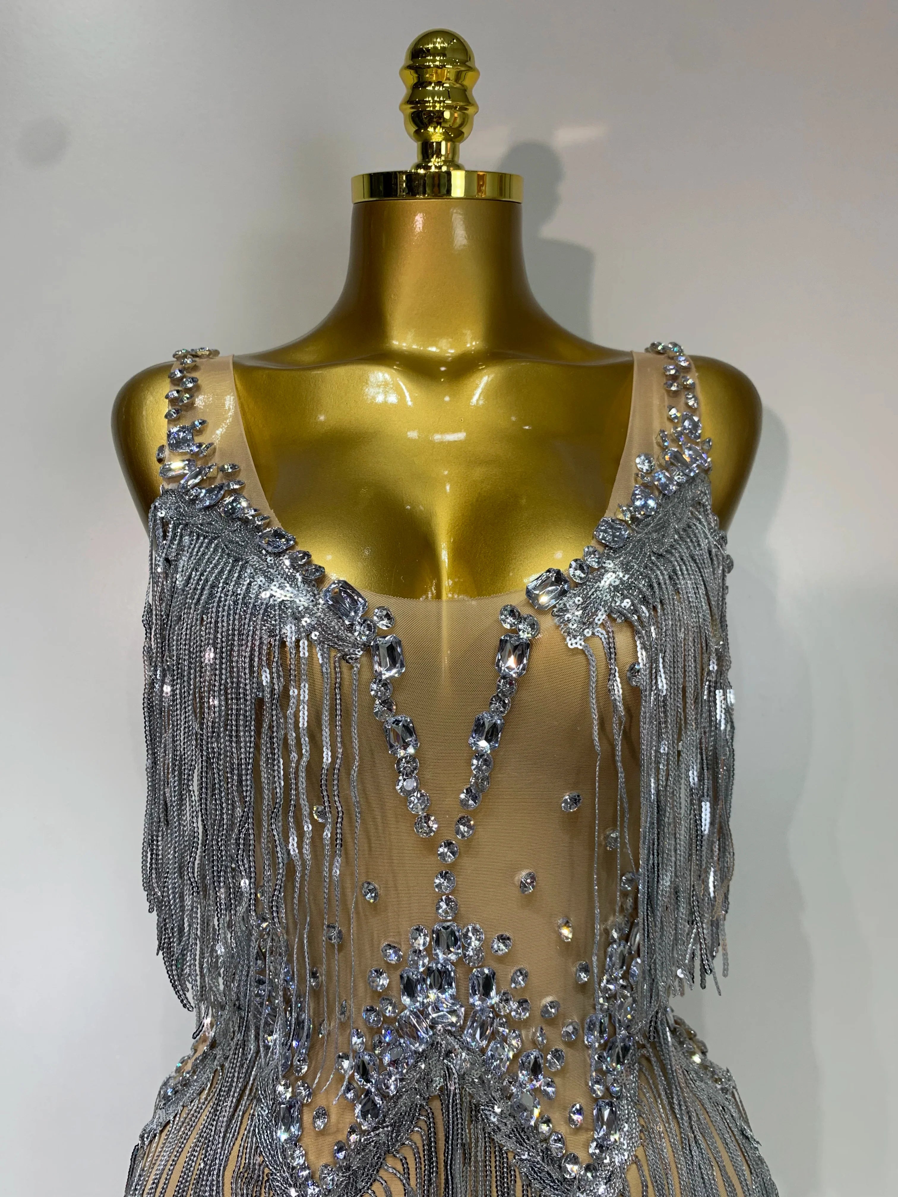 Sparkly Rhinestone Tassels Sexy Mesh See Through Dress  Women Evening Party Luxury Birthday Nightclub Perform Stage Costume
