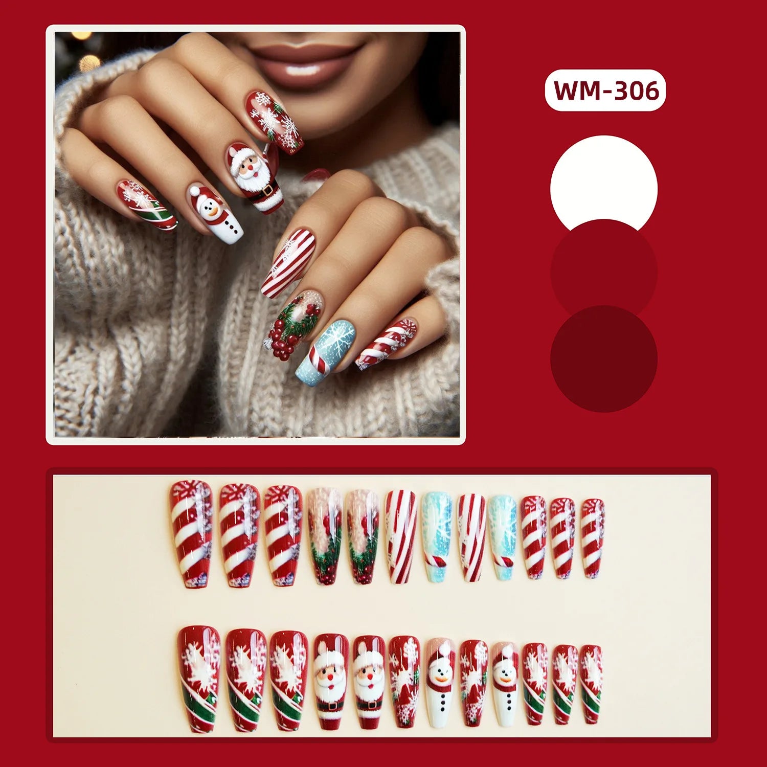2025 Merry Chrismas Press on Nails Cute Snowman Elk Santa Claus Print Fake Nail Tips Wearable Long Coffin False Nails for Girls