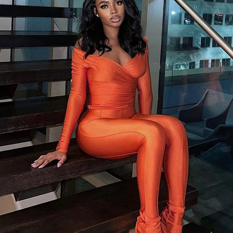 Ladies Off Shoulder Night Clubwear Y2K 2 Piece Long Sleeve V-Neck Folds Tees+Pencil Pants Fashion Club Streetwear Women Outfits Orange