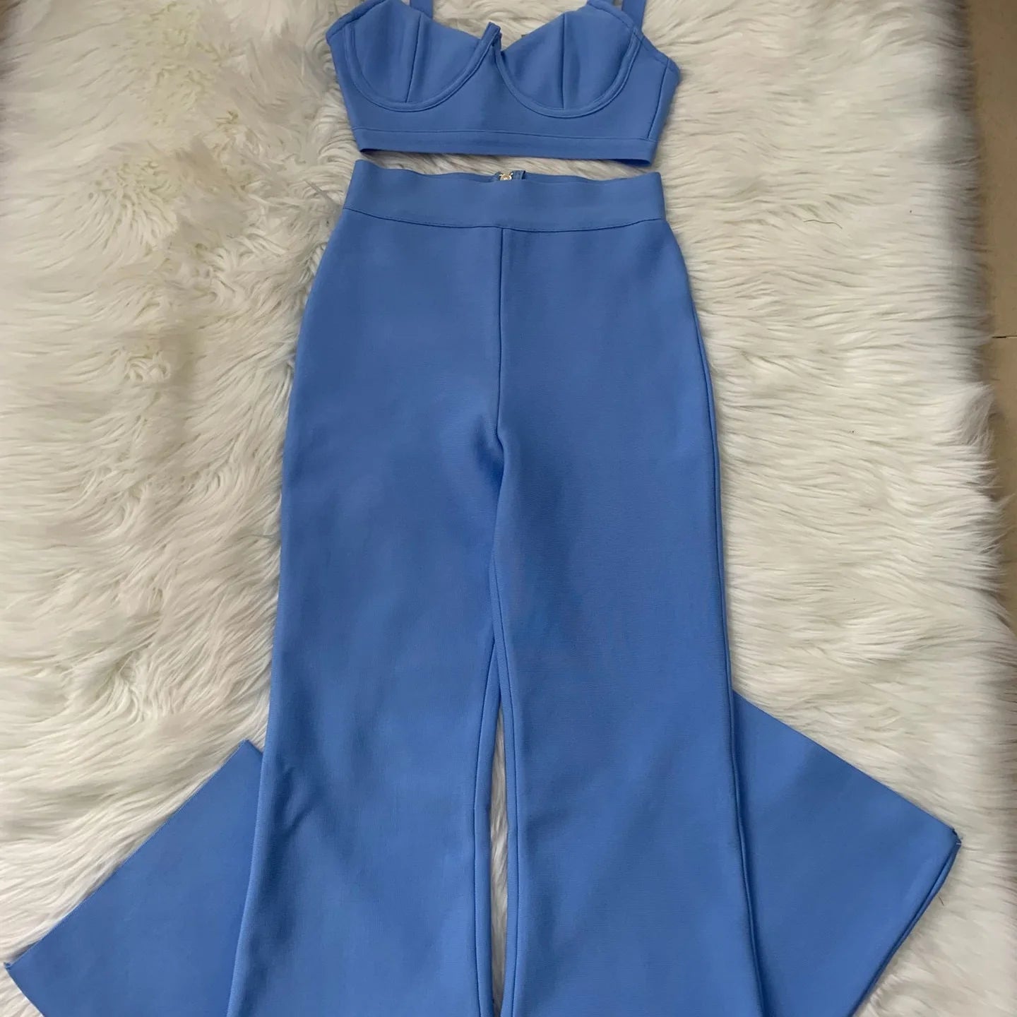 High quality Blue Two Pieces Set Bodycon Rayon Bandage Set Evening Party Sexy Fashion Outfit